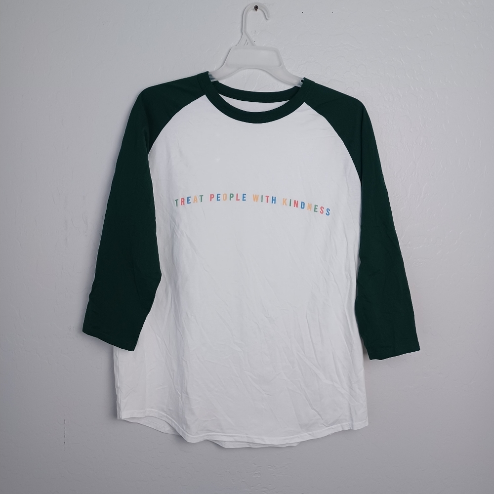 TREAT PEOPLE WITH KINDNESS Men's Shirt Raglan Sleeve Size XL Color White Green